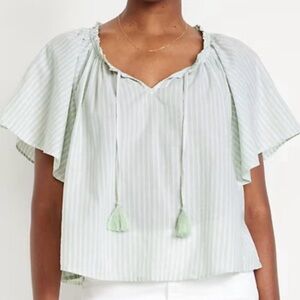 Old Navy Medium Green Striped Flutter-Sleeve Tassel-Tie Top | Cotton | Sold Out